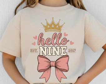 Hello Nine PNG: süße Geburtstagskrone Schleife Mädchen 9. Geburtstag Ästhetische Clipart (digitaler Download)