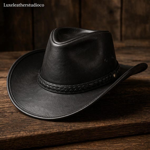 Black Leather Cowboy Hat for Men, Classic Western Hat, Genuine Leather Hat, Vintage Style Cowboy Hat, Handmade Leather Hat, Gift for Him