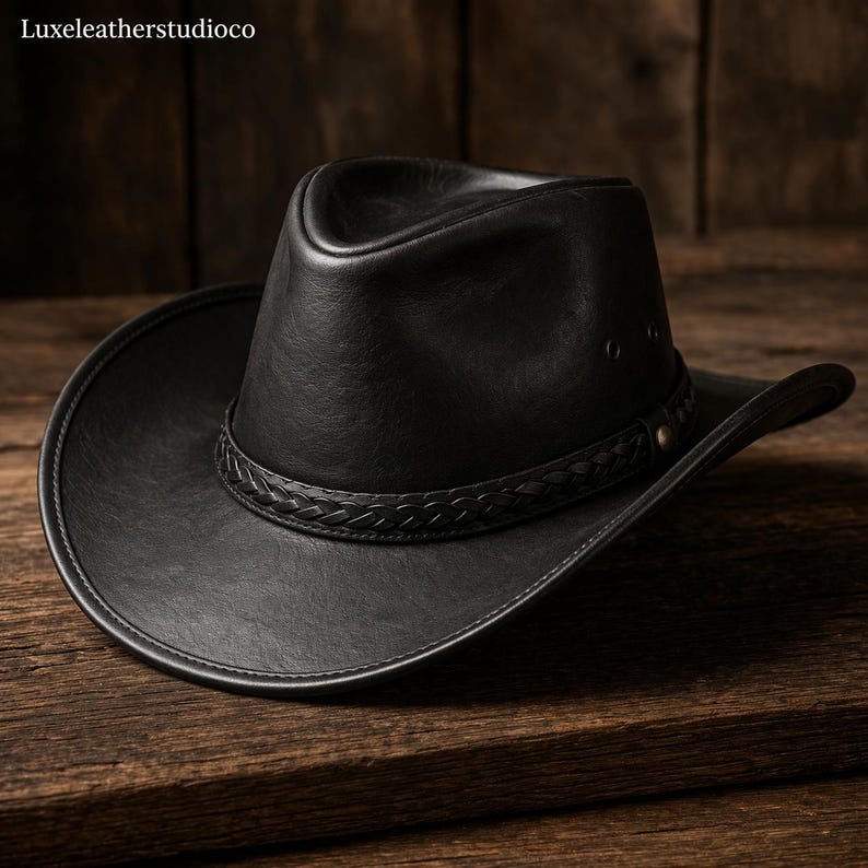 May include: A black leather cowboy hat with a braided band and a curved brim. The hat has a classic western design and is made of a smooth, dark material. The hat is displayed on a wooden surface.