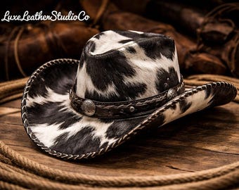 Cowboy Cowhide Leather Hat, Western Hat for Men Women, Black White Cow Print Hat, Brown Cowhide Hat, Western Fashion Hat, Gift for Him Her