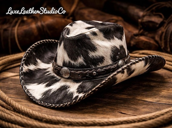 Cowboy Cowhide Leather Hat, Western Hat for Men Women, Black White Cow Print Hat, Brown Cowhide Hat, Western Fashion Hat, Gift for Him Her