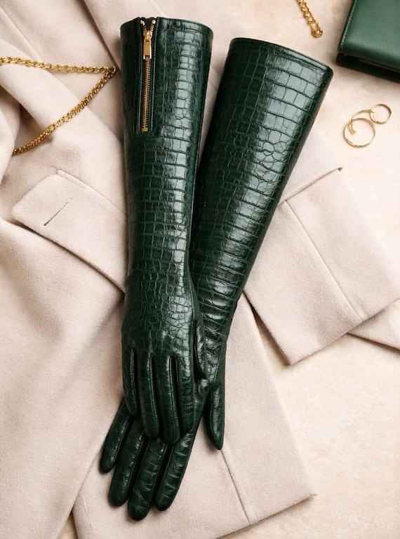 leather dress gloves ladies Women Long Green, Croc Pattern Leather Gloves, Opera Gloves Women, Evening Gloves, Winter Gloves Women, Driving Gloves portia and scarlett prom dress ps22036