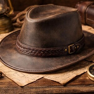 May include: A brown leather fedora-style hat with a braided band and brass buckle. The hat sits on a vintage map, with a compass and other travel-themed accessories in the background. The hat has a wide brim.