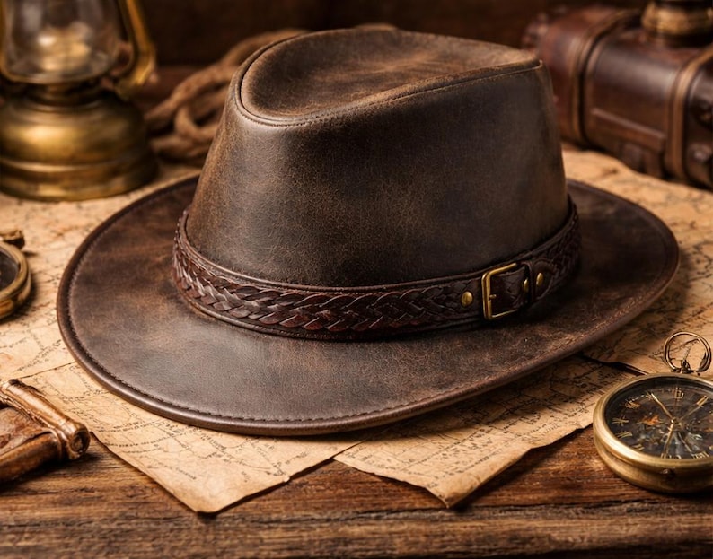 May include: A brown leather fedora-style hat with a braided band and brass buckle. The hat sits on a vintage map, with a compass and other travel-themed accessories in the background. The hat has a wide brim.