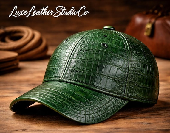 Green Crocodile Embossed Leather Cap, Luxury Baseball Hat, Adjustable Unisex Streetwear Cap, Handmade Gator Texture Dad Hat, Premium Gift