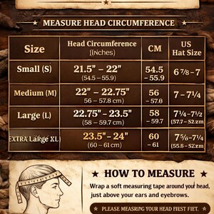 May include: A hat size chart with measurements in inches and centimeters. The chart includes sizes from small to extra large, with corresponding head circumference measurements and US hat sizes. Instructions on how to measure head circumference are also included.