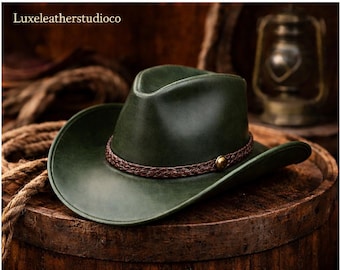 Premium Green Leather Cowboy Hat – Vintage Western Style Hat for Men & Women – Rustic Ranch Cowgirl Hat – Gift for Him/Her, Handmade Hat