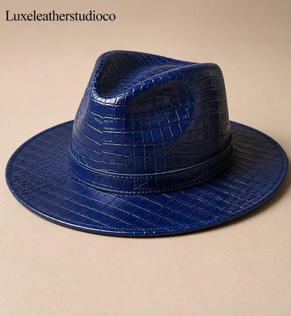 Croc Embossed Leather Hat, Wide Brim Fedora Hat, Handmade Genuine Leather Hat, Unisex Western Style Hat, Gift for Him and Her