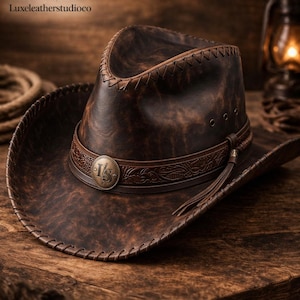 Leather Cowboy Hat for Men & Women | Vintage Western Hat | Brown Distressed Leather Hat | Cowgirl Hat | Ranch Style Hat | Gift for Him Her image 1
