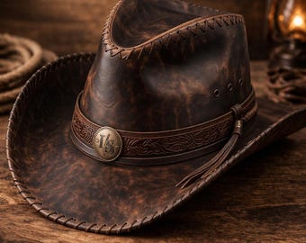 Leather Cowboy Hat for Men & Women | Vintage Western Hat | Brown Distressed Leather Hat | Cowgirl Hat | Ranch Style Hat | Gift for Him Her