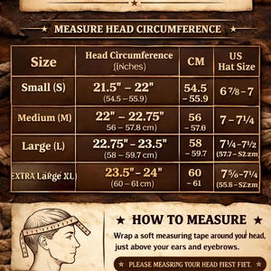 May include: A hat size chart showing head circumference in inches and cm, with corresponding US hat sizes. Sizes range from small to extra large. Includes instructions on how to measure head size, with measurements in inches and cm.
