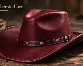 Burgundy Leather Cowboy Hat | Unisex Western Hat | Cowboy & Cowgirl Hat | Genuine Leather Ranch Hat | Vintage Style Wide Brim Hat