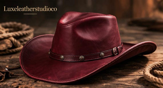 Burgundy Leather Cowboy Hat | Unisex Western Hat | Cowboy & Cowgirl Hat | Genuine Leather Ranch Hat | Vintage Style Wide Brim Hat