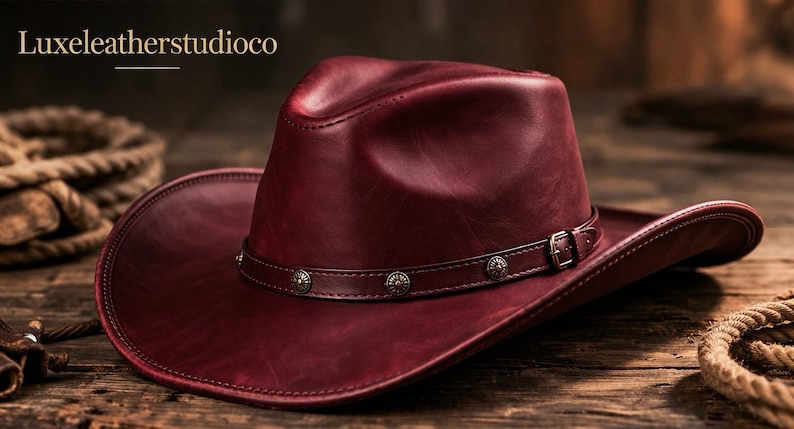 May include: A deep burgundy leather cowboy hat featuring a matching leather hat band with a metal buckle and circular silver-toned studs. The text Luxeleatherstudioco is visible in the upper left corner of the image.