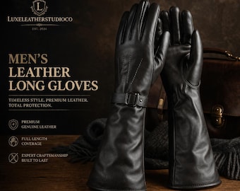 May include: A pair of black leather long gloves featuring a buckle strap at the wrist and decorative stitching on the back of the hand. The text on the image reads LUXELEATHERSTUDIOCO, MEN'S LEATHER LONG GLOVES, TIMELESS STYLE. PREMIUM LEATHER. TOTAL PROTECTION.