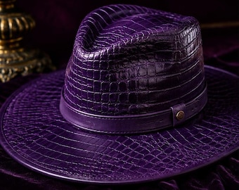 Purple Croc Embossed Leather Fedora Hat for Men & Women, Wide Brim Western Style Hat, Handmade Statement Fashion Fedora, Elegant Dress Hat