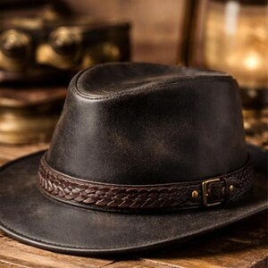 May include: A dark brown leather fedora hat with a braided band and a brass buckle. The hat sits on a wooden surface, with a vintage lamp and other objects in the background. The hat has a classic, rugged style.