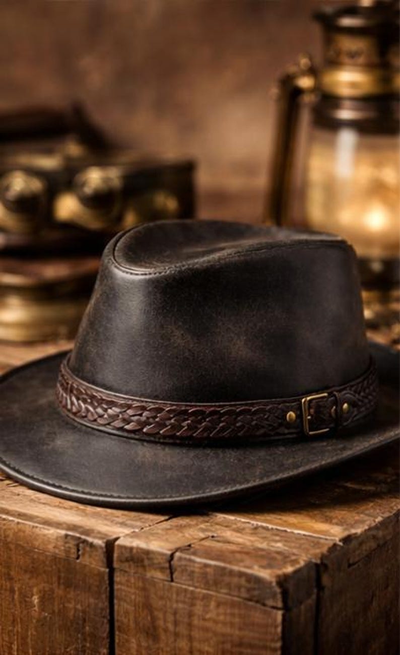 May include: A dark brown leather fedora hat with a braided band and a brass buckle. The hat sits on a wooden surface, with a vintage lamp and other objects in the background. The hat has a classic, rugged style.