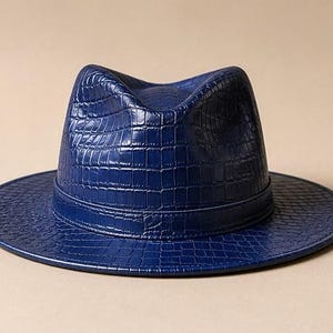Croc Embossed Leather Hat, Wide Brim Fedora Hat, Handmade Genuine Leather Hat, Unisex Western Style Hat, Gift for Him and Her image 2