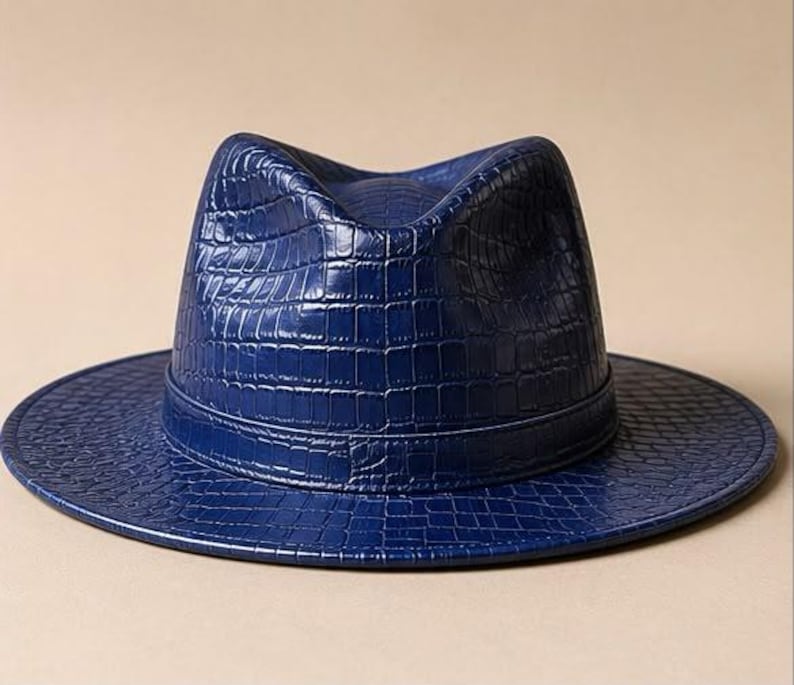Croc Embossed Leather Hat, Wide Brim Fedora Hat, Handmade Genuine Leather Hat, Unisex Western Style Hat, Gift for Him and Her image 2