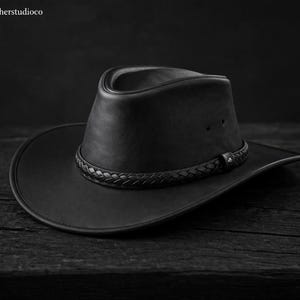 Black Leather Cowboy Hat for Men, Classic Western Hat, Genuine Leather Hat, Vintage Style Cowboy Hat, Handmade Leather Hat, Gift for Him image 2
