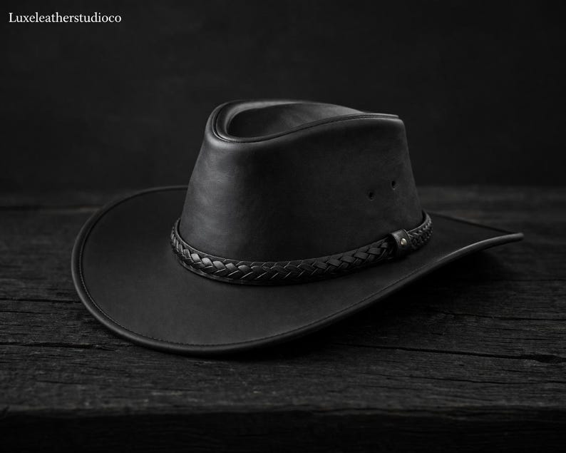 Black Leather Cowboy Hat for Men, Classic Western Hat, Genuine Leather Hat, Vintage Style Cowboy Hat, Handmade Leather Hat, Gift for Him image 2