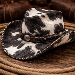 May include: Cowboy hat with a black and white cowhide pattern. The hat features a brown leather band with decorative silver-toned studs and a silver concho. The brim is trimmed with white stitching. The hat is on a wooden surface with a rope.