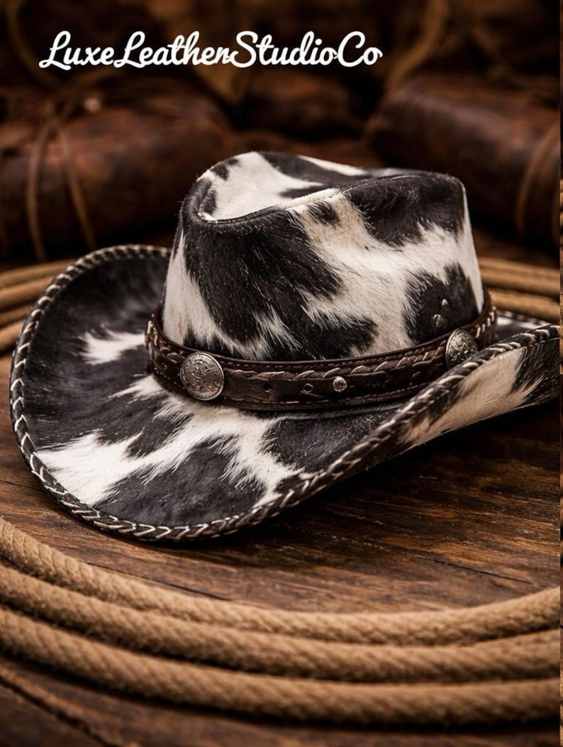 May include: Cowboy hat with a black and white cowhide pattern. The hat features a brown leather band with decorative silver-toned studs and a silver concho. The brim is trimmed with white stitching. The hat is on a wooden surface with a rope.