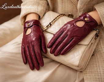 Women Burgundy Leather Gloves Driving Style | Elegant Ladies Leather Gloves | Chic Fashion Gloves Gift for Her | Luxeleatherstudioco