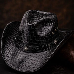 K&ouml;nnte beinhalten: Ein schwarzer Cowboyhut mit einer strukturierten Krokodilleder-Optik. Der Hut verf&uuml;gt &uuml;ber ein dekoratives Band, das mit runden, silberfarbenen Metallnieten und &Ouml;sen an der Seite verziert ist. Der Text Luxeleatherstudioco ist oben links zu sehen.