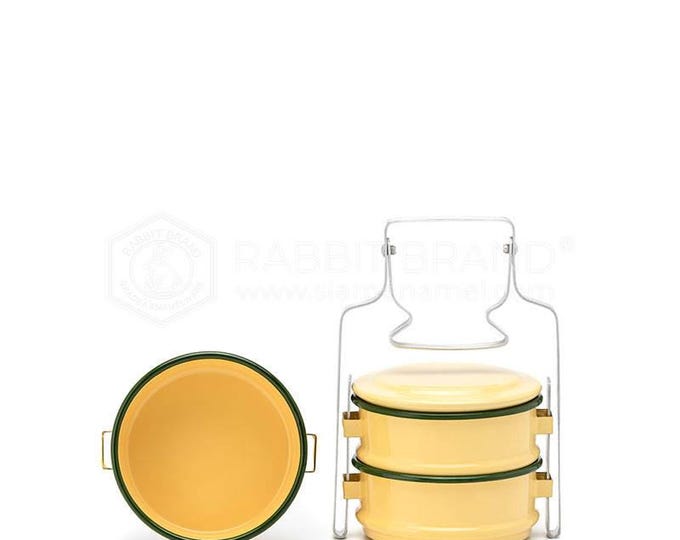Vintage Enamel Tiffin Carrier, 3-Tier Pastel Yellow Food Container, Retro Picnic Stackable Pot