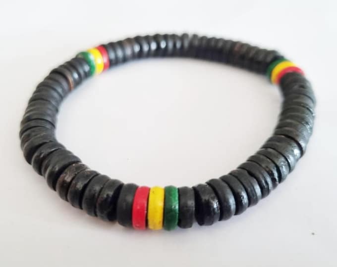 Handmade Reggae Coconut Shell Bracelet Black Wood Beads Vintage Boho Hippie