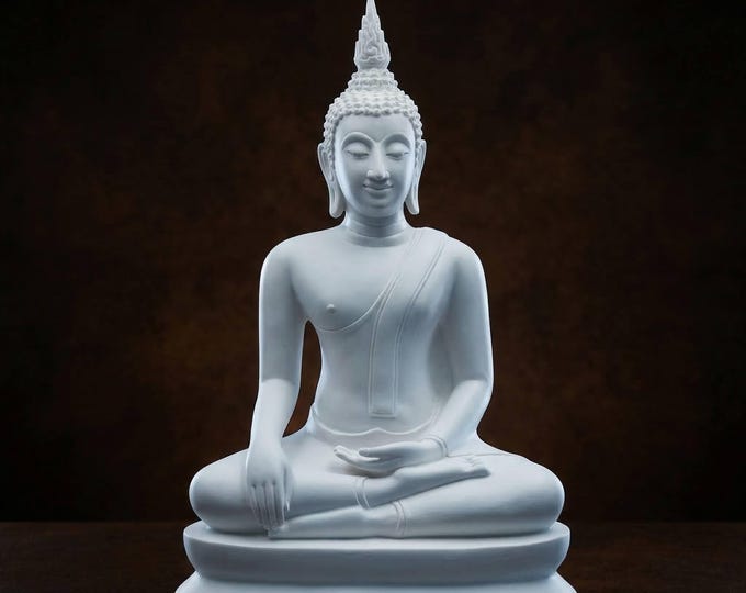 Minimalist White Buddha Statue, 5" Lap Sukhothai Style, Modern Zen Home Decor