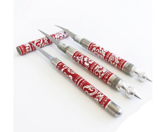 Thai Fruit Carving Knife Set 3 Blades Soap Vegetable Sculpting Tool Professional Red Color