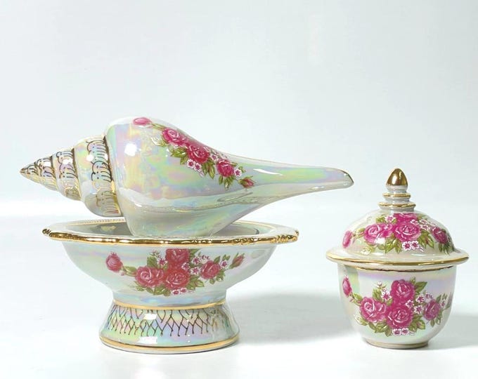 Thai Wedding Conch Shell Set – Hand-Painted Gold Benjarong Porcelain Sacred Ceremony Kit
