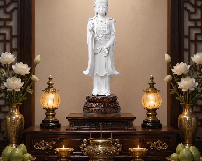 Guan Yin White Marble Resin Compassion Goddess Statue - 14.5" Zen Home Decor - Spiritual Goddess of Mercy