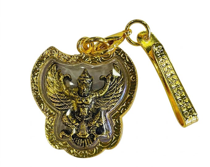 Thai Garuda Amulet Luang Phor Seng Pendant with Gold Clip & Sacred Yantra Cloth