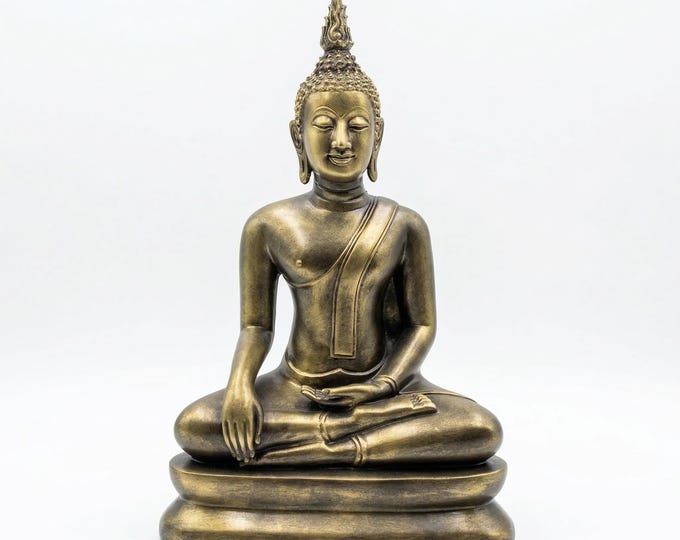 Sukhothai Buddha Statue, Antique Gold Finish, Resin Meditation Decor