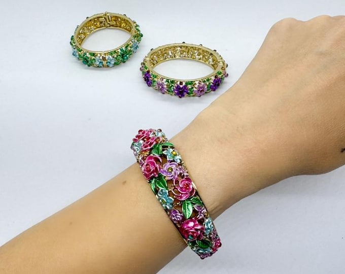 Vintage Floral Enamel Bangle, Dense Rose Design, Sparkling Crystals, Hinged Cuff