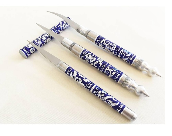 Thai Fruit Carving Knife Set 3 Blades Soap Vegetable Sculpting Tool Professional Blue Color