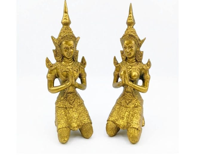 Thai Theppanom Angel Statue, Gold Kneeling Devotional Figures for Home Decor Set of 2