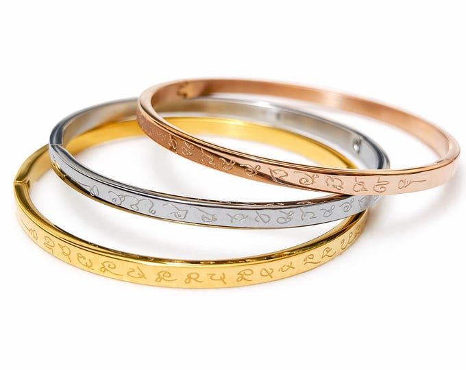 Engraved Mantra Bangle, Stainless Steel Spiritual Cuff Bracelet, Protection Luck Jewelry