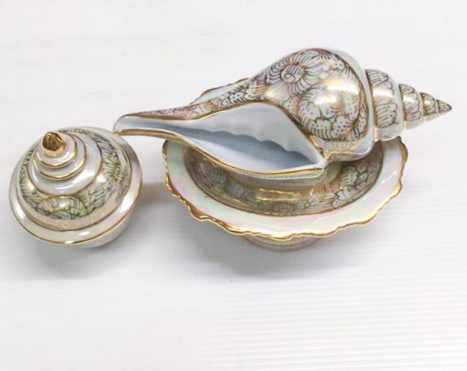 Thai Wedding Conch Shell Set – Hand-Painted Gold Benjarong Porcelain Sacred Ceremony Kit