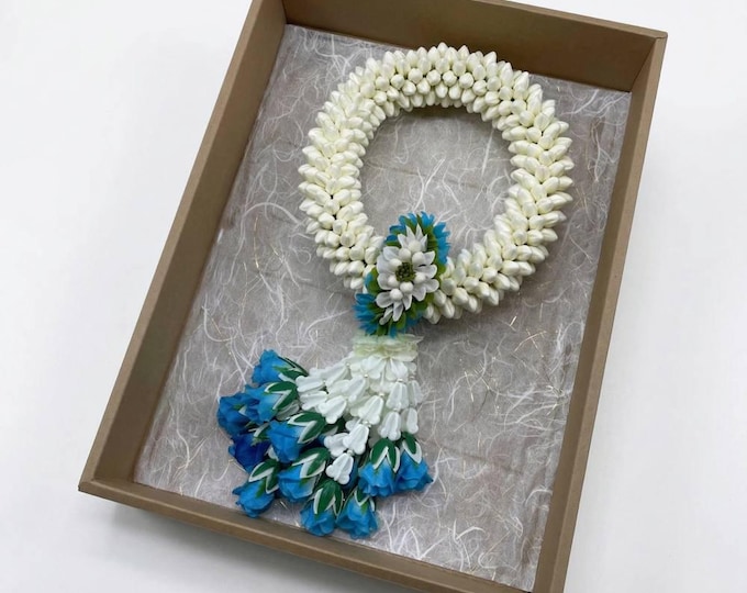 Handmade Realistic Thai Jasmine Garland Malai Art Paper Flower Blue Color Gift Box Fragrant
