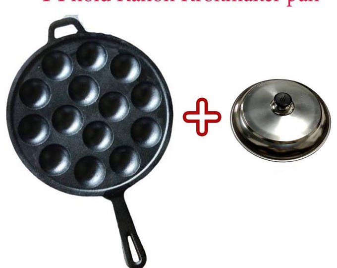 14 Hole Cast Iron Kanom Krok Pan with Lid – Pre-seasoned 24cm, Maker