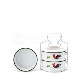 Fiambrera vintage de 14 cm con diseño de gallo esmaltado, recipiente para alimentos de 3 niveles en color amarillo pastel, olla apilable retro para picnic.