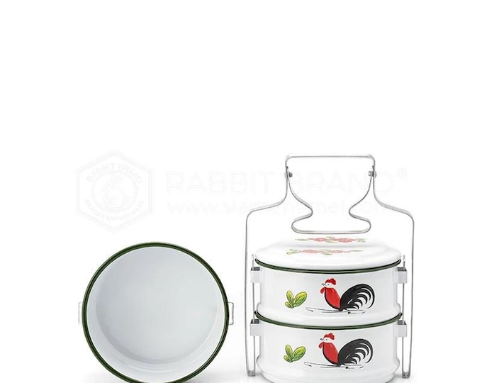 Vintage 14cm Rooster Enamel Tiffin, 3-Tier Pastel Yellow Food Container, Retro Picnic Stackable Pot