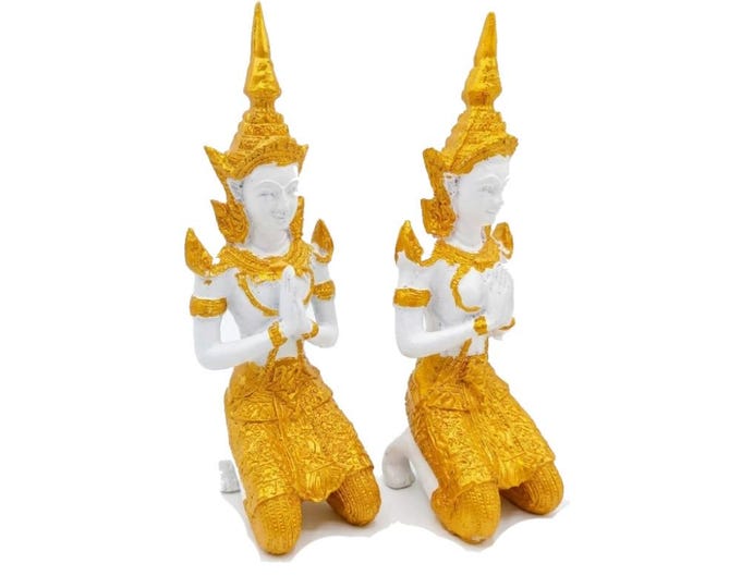 Thai Theppanom Angel Statues, Gold White Kneeling Devotional Figures (Set of 2)