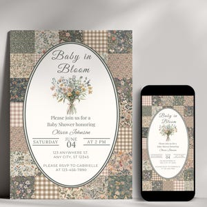 Könnte beinhalten: Babyparty-Einladung mit Blumendesign. Die Einladung zeigt den Text "Baby in Bloom" und Veranstaltungsdetails. Ein passendes Design wird auf einem Smartphone angezeigt.