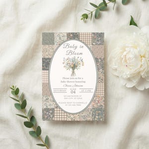 Baby in Bloom Baby Shower Invitation Patchwork Quilt Floral Baby Shower Invite Vintage Garden Shower Editable Canva Template Print & Mobile